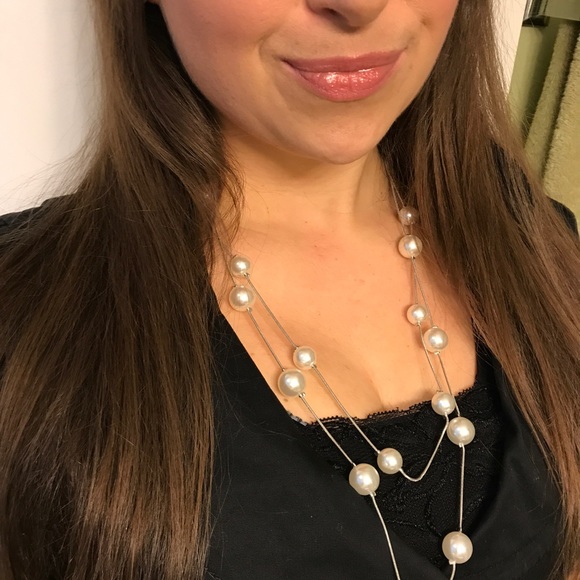 NEW!💙💎PEARL SILVER LOOK NECKLACE💎💙DOUBLE LAYER - Picture 4 of 13